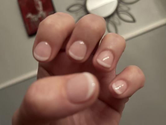 Pink and white dip. Wow. Some of my nails were short!  They're all uniform and perfect now.