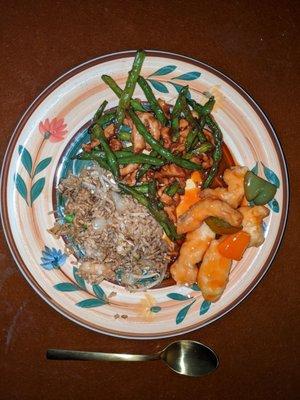 Chicken and string beans, sweet and sour chicken, shrimp fried rice