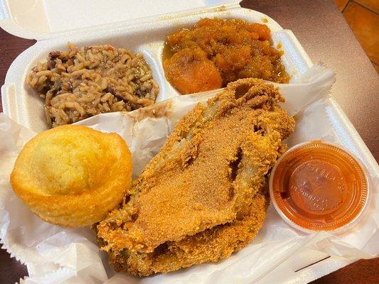 Fried perch with yams and beans and rice with cornbread. My husband said the taste of the yams reminded him of his childhood.