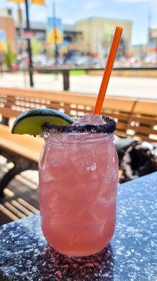 Prickly pear margarita with lava salt. Yum!