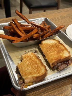 Brisket grilled cheese and sweet potato fries