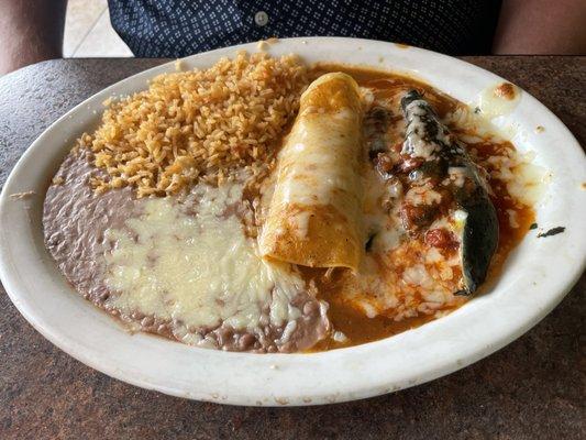 C4. One Chile Relleno, 1 Taco, 1 Enchilada, Refried Beans and Rice