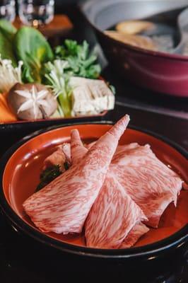 A5 Miyazaki Beef Shabu Shabu, pure bred Japanese beef.  Exremely marbly, tender and melt in your mouth!!