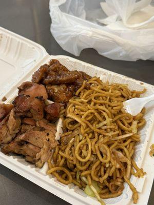 bourbon chicken, orange chicken, and Lo Mein