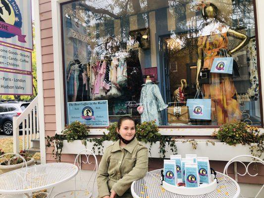 Beautiful Hyacinth Heinemann at The Old Fashioned Mom Store, enjoying the lovely Fall weather with Old Fashioned Mom Coffee!