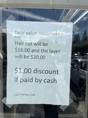 Hair Cuts now $16 & Layers now $20. $1 discount if paying by cash.