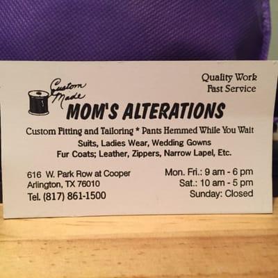 Mom's Alterations: business card.