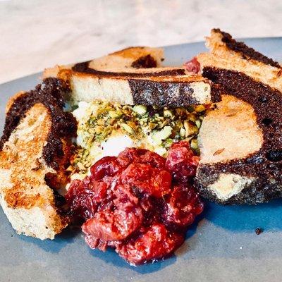 Burrata with (of course) Michigan tart cherries, pistachios, tarragon and pumpernickel