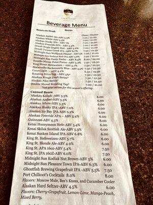 Beer menu