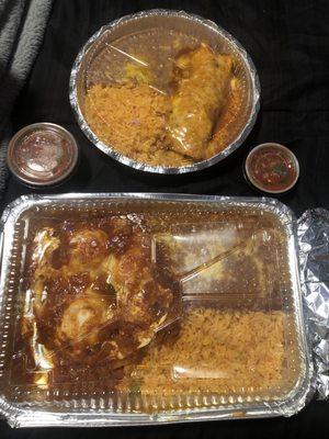 Huevos rancheros, salsa, chicken enchiladas, beans, and Mexican rice