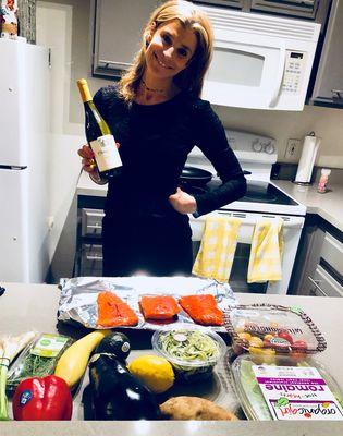 Let's cook dinner! This beautiful spread is about to turn into wild salmon burgers with zucchini cakes and grilled vegetables.