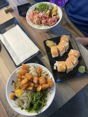 Small Tuna Poke Bowl with spicy mayo marinade (top), sunset roll, small salmon Poke bowl with the soy sauce marinade.