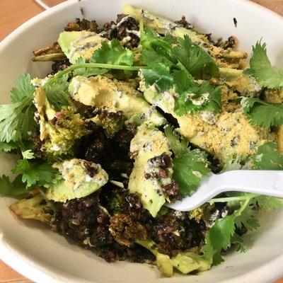 BLACK RICE & ROASTED BROCCOLI - $10 - Black rice and roasted broccoli, avocado, miso-turmeric dressing, nori mayo, yeast, cilantro.