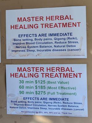 Pricing as of January 26, 2023. 
 Cash only. No insurance taken. All treatments want 20%, 30%, 50%, or more tips on top of the fees shown.