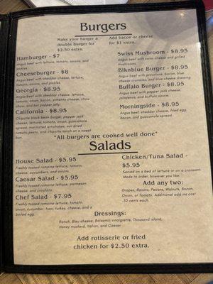 Burger and salad menu