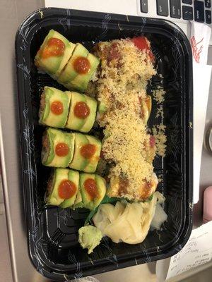 Angel roll & spicy tuna w/ avocado and sriracha on top