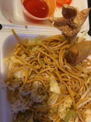 Cream cheese wontons, veggie egg rolls, candied sweet and sour sauce, fried rice, and chow mein.