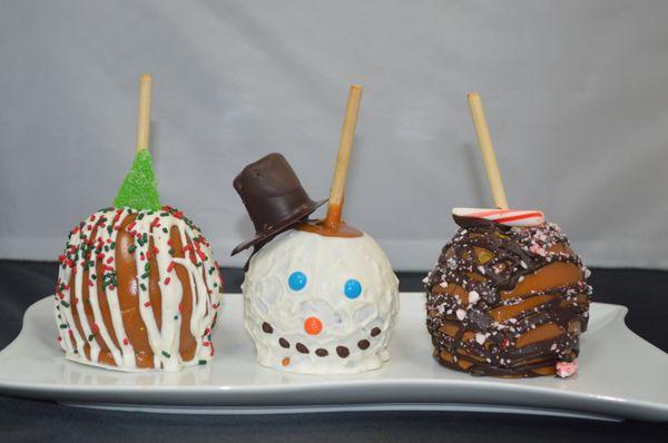 Holiday Caramel Apples: Snowman and Chocolate drizzle with sprinkles and peppermint