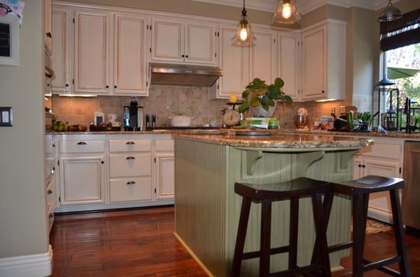 Antique white and green kitchen cabinet re-finish