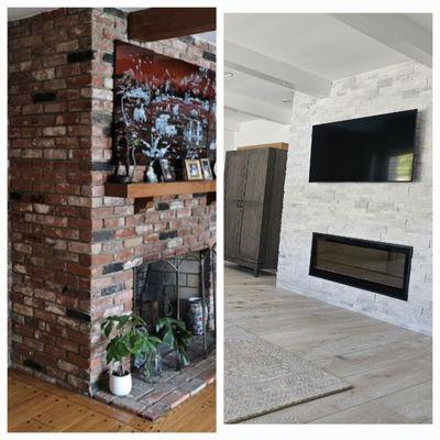 Before and after installing new stackstone and European white oak wood floors