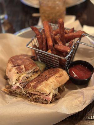 Cuban sandwich and sweet potato fries