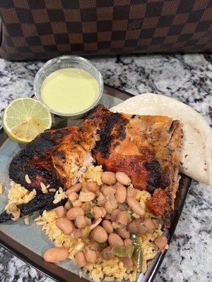 Chicken, rice, beans, tortilla & green salsa