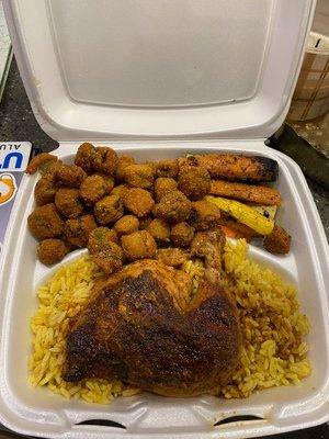 Fried okra, grilled veggies, saffron rice, baked chicken