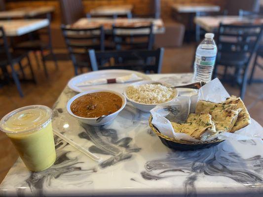 Lamb Tikka Masala, white Rice, Garlic Naan, Mango Lassie