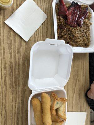 L1 chicken fingers, bbq boneless spareribs, crab rangoon and pork fried rice