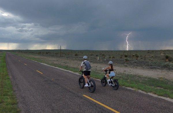 Riding down empty roads with our Ebike