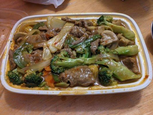 Beef with Curry Sauce. Good ratio of meat to veggies, but zero taste, the most flavorless Chinese curry dish I've ever had.