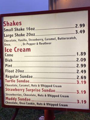 Ice cream menu