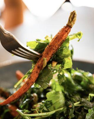 Roasted carrots, farm arugula, and vegan cashew cheese