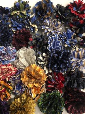 Are lapel flowers made from our neck tie silk.