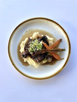 Braised Short Ribs- rainbow carrots, crimini mushrooms, mashed potatoes & cipollini