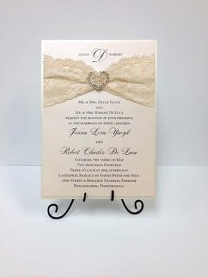 Cream Pocket Invitation. Blush Shimmer, Blush Lace & Heart Buckle. Accessories Layer in pocket on back.