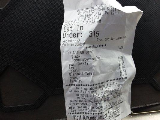 My Dunkin' receipt.