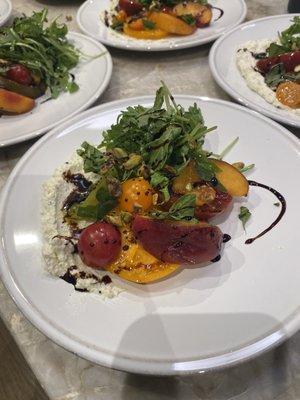 Heirloom Tomato Salad with Whipped Ricotta, Balsamic Reduction, Greens, Basil Oil