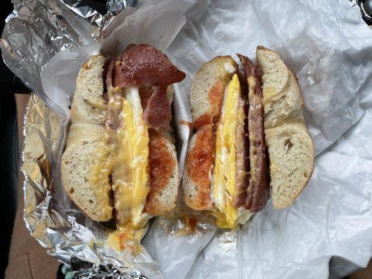 Taylor ham, egg and cheese (salt / pepper / ketchup) on an everything bagel