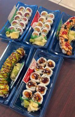 Tuna avocado roll, salmon avocado roll, Richmond roll, dragon roll, sweet potato roll