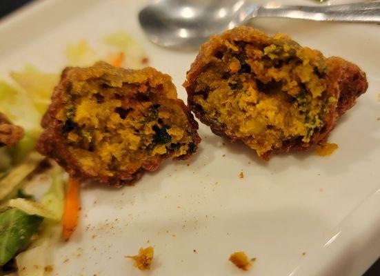 Inside the dry, luke warm veggie pakora.  What veggies are in here?!?!