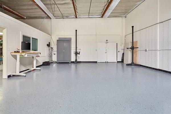 Studio Shoot space is perfect for small or medium sized productions. Back door leads to parking lot for ease of loading in and out.