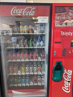 Vending drinks are only $1.25 cash or card accepted. There's even some healthy choices