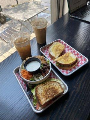 Salted Caramel Cold Brew, Iced Pumpkin Spice Latte, Sandwich & Soup Combo, BLT Sandwich.