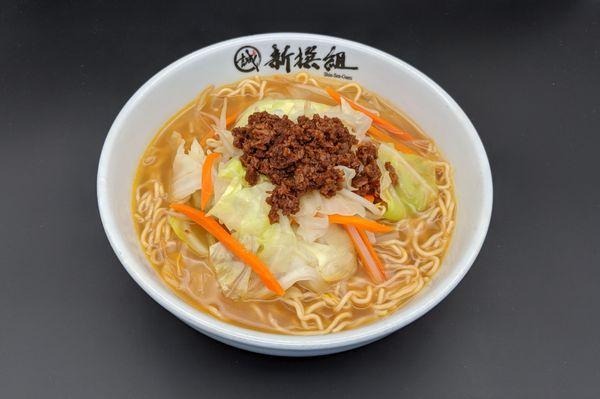 Veggie Ramen, Vegan Friendly Miso based broth with seasoned Soy Meat