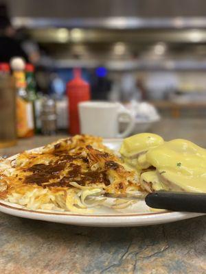 Eggs Benedict with hash browns (I love A1 on my potatoes)