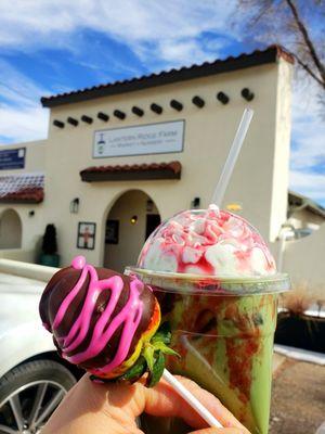 Iced Matcha Tea with Raspberry Drizzle and Choco Covered Strawberry