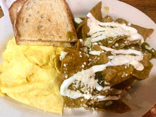 Chilaquiles salsa verde with scrambled eggs