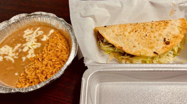 Melecio's Quesadilla with Rice & Beans ($9.95).