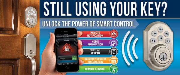 Control your security system and locks remotely from your smart device such as a smartphone or laptop.